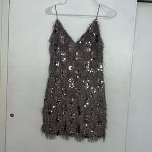 Zara size S silver/light purple shiny mini feathered party dress